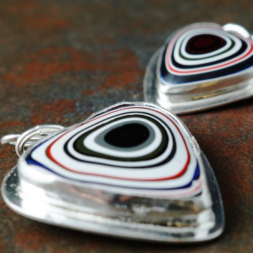 Contemporary handcrafted recycled sterling silver Heart Fordite pendants